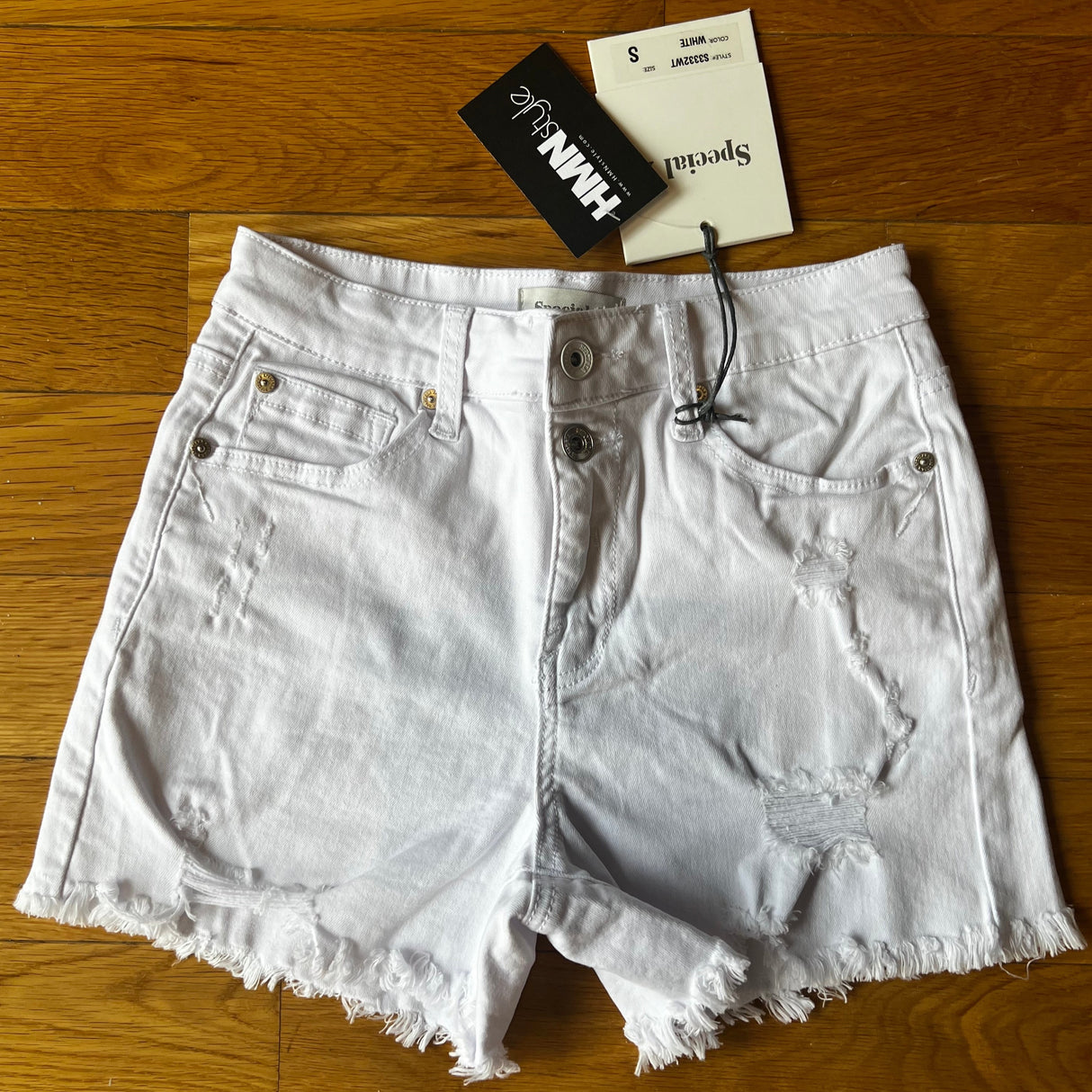 White Distressed High Rise Shorts with Double Button