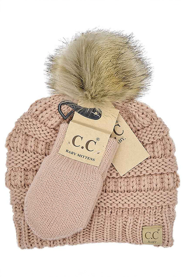 Baby Mitten Glove & Natural Fur Pom Beanie Set