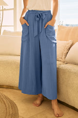 High Waisted Wide Leg Cropped Pants, Waist Elastic with Adustable Strap and Side Pockets