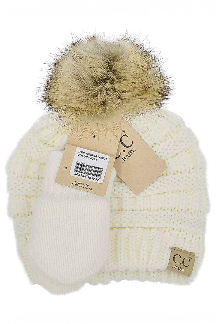 Baby Mitten Glove & Natural Fur Pom Beanie Set