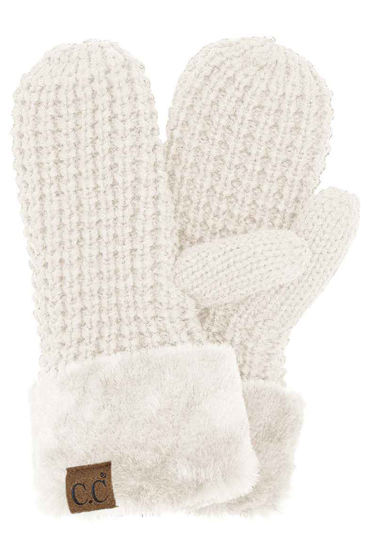 Waffle Knit Mittens with Fur Cuff