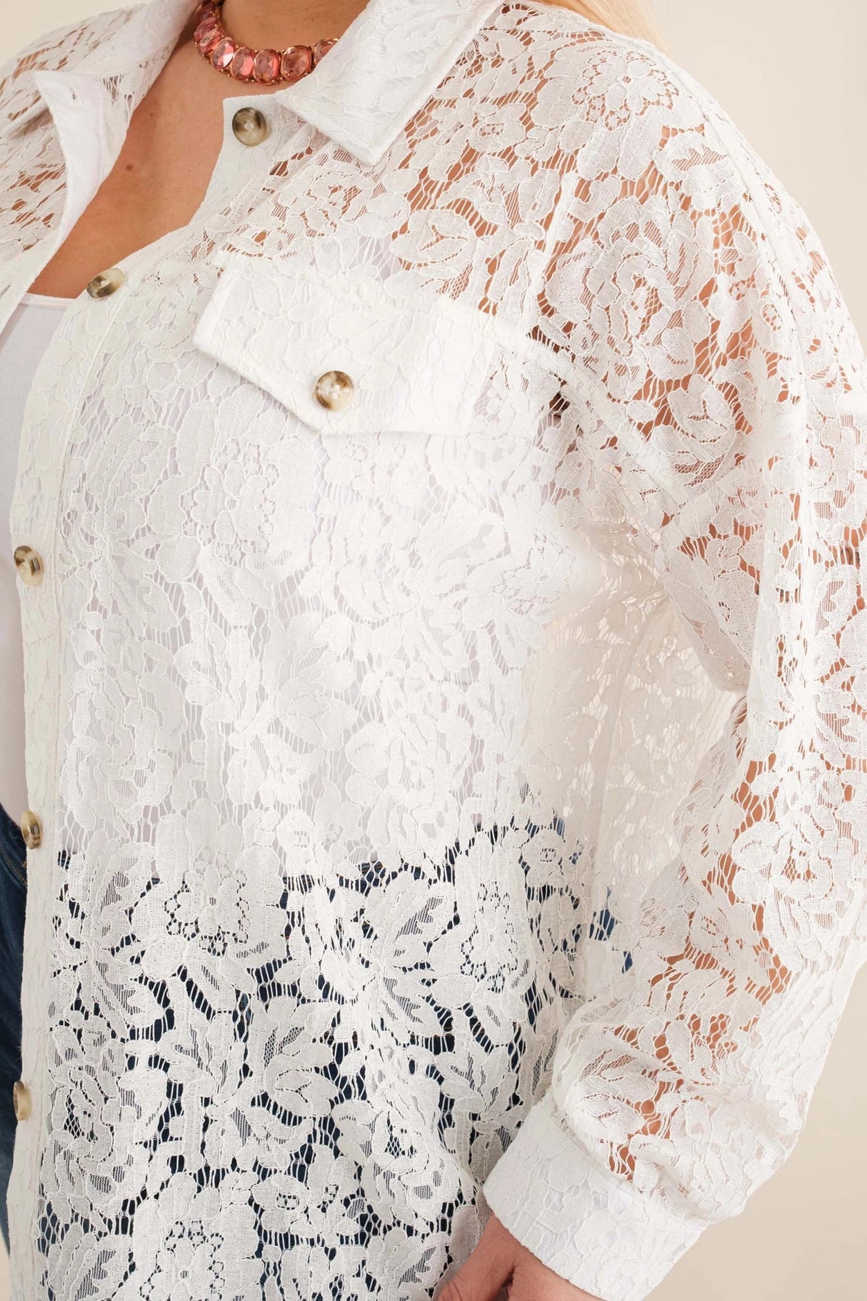 Sheer Lace Button Up Shacket