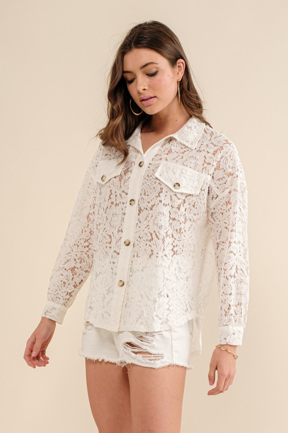 Sheer Lace Button Up Shacket