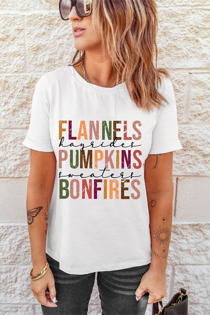 White "Flannels Pumpkins Bonfires" Crewneck Graphic Tee