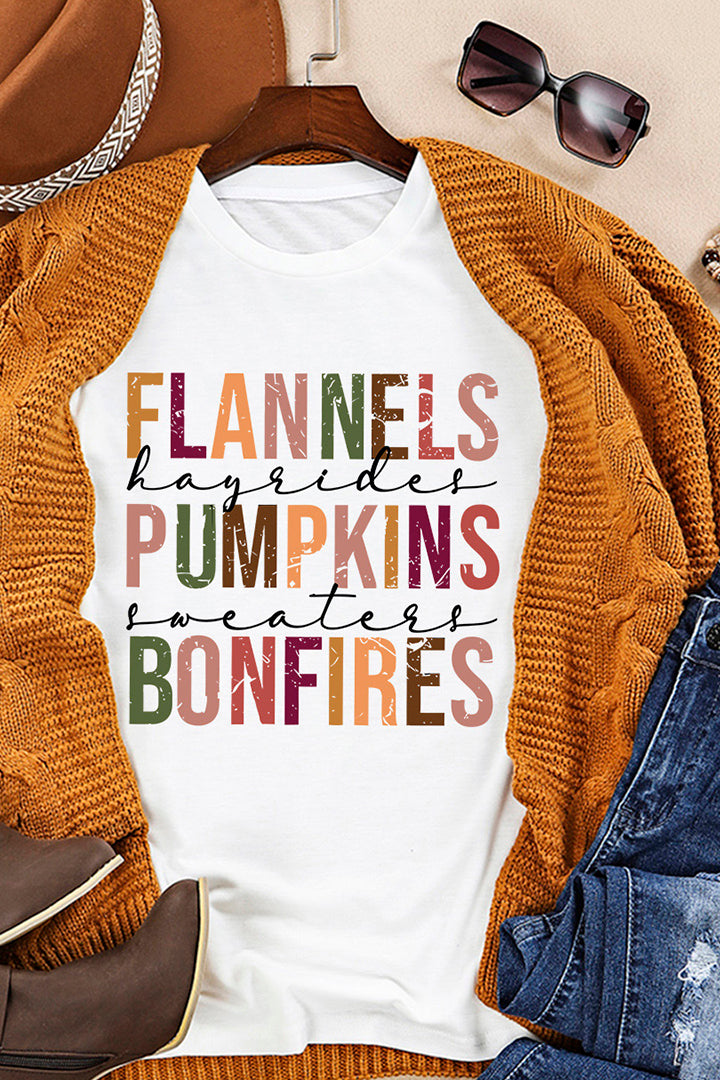 White "Flannels Pumpkins Bonfires" Crewneck Graphic Tee