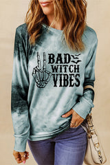 Gray Tie Dye "Bad Witch Vibes" Graphic Long Sleeve Top