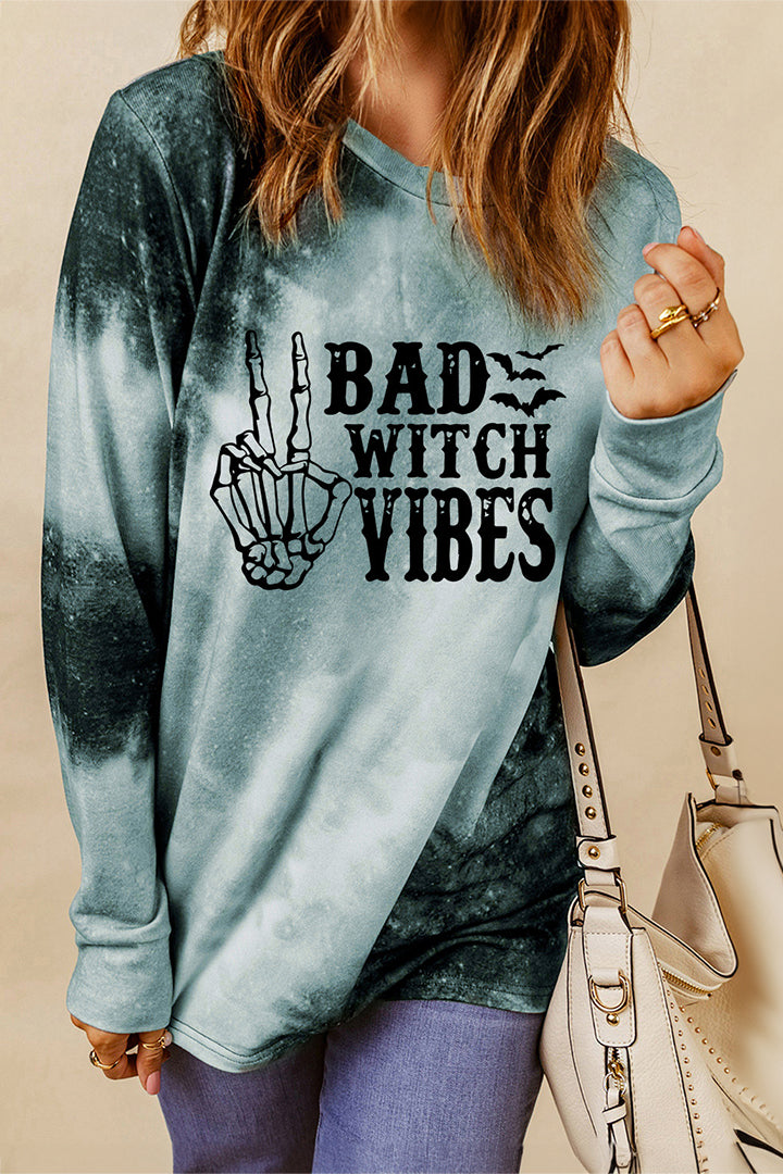 Gray Tie Dye "Bad Witch Vibes" Graphic Long Sleeve Top