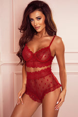 Fiery Red Sheer Lace Polka Dot Valentines Romance 2pcs Lingerie Set