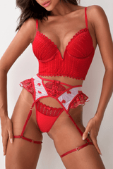 Fiery Red 3pcs Heart Print Mesh Splice Sexy Lingerie Set