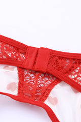 Fiery Red 3pcs Heart Print Mesh Splice Sexy Lingerie Set