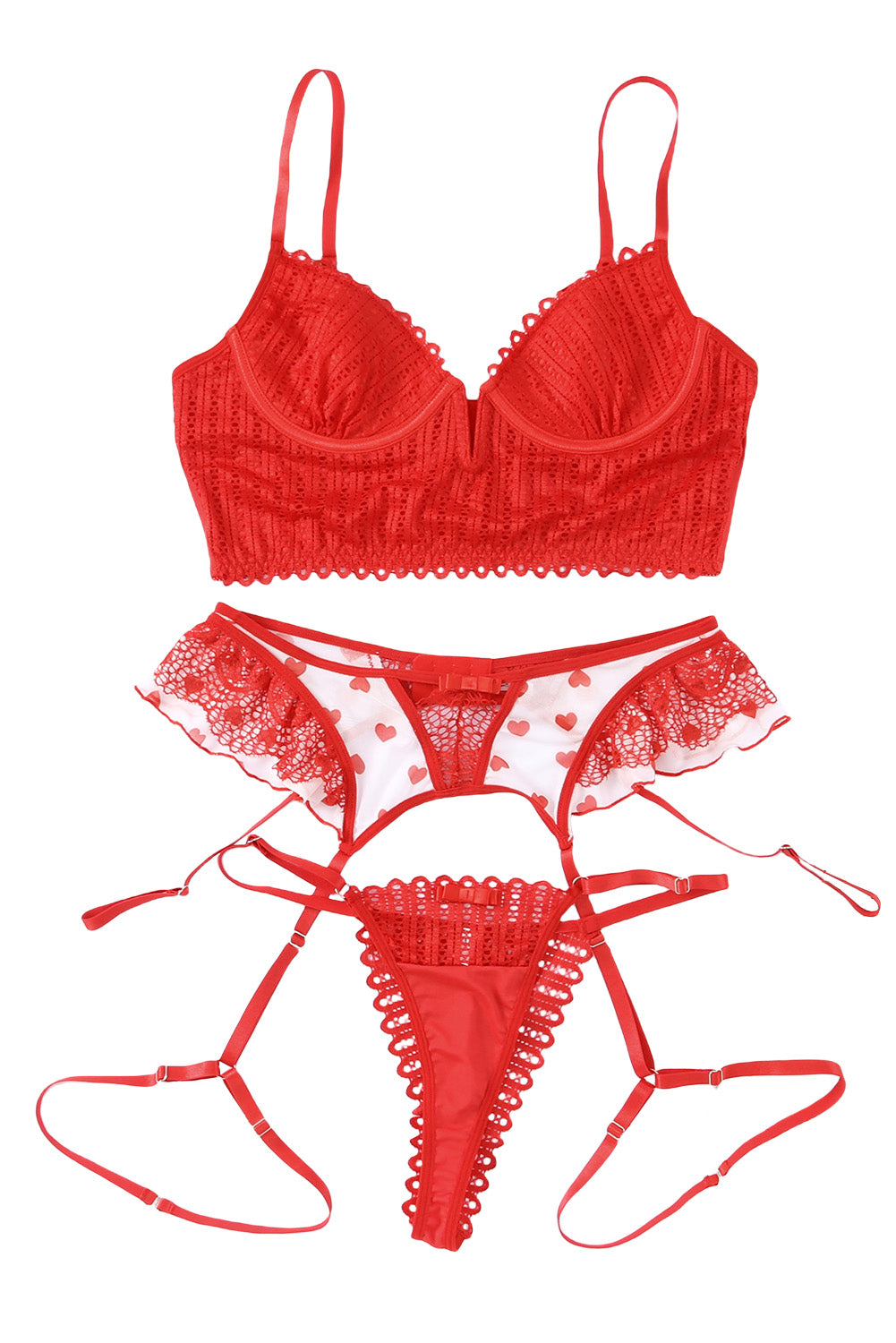 Fiery Red 3pcs Heart Print Mesh Splice Sexy Lingerie Set