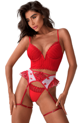 Fiery Red 3pcs Heart Print Mesh Splice Sexy Lingerie Set