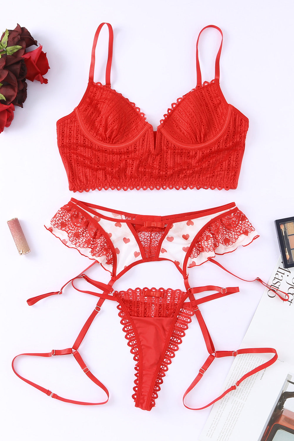 Fiery Red 3pcs Heart Print Mesh Splice Sexy Lingerie Set