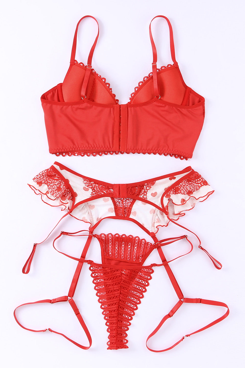 Fiery Red 3pcs Heart Print Mesh Splice Sexy Lingerie Set