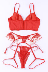 Fiery Red 3pcs Heart Print Mesh Splice Sexy Lingerie Set