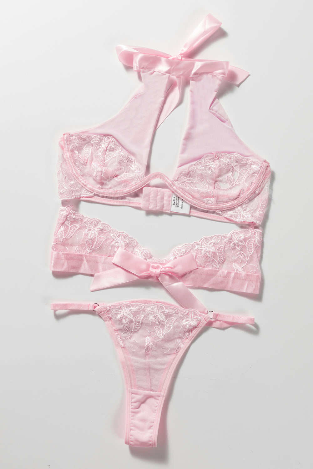 Pink Lace Mesh Cutout Satin Bow Lingerie Set