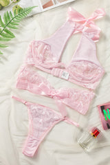 Pink Lace Mesh Cutout Satin Bow Lingerie Set