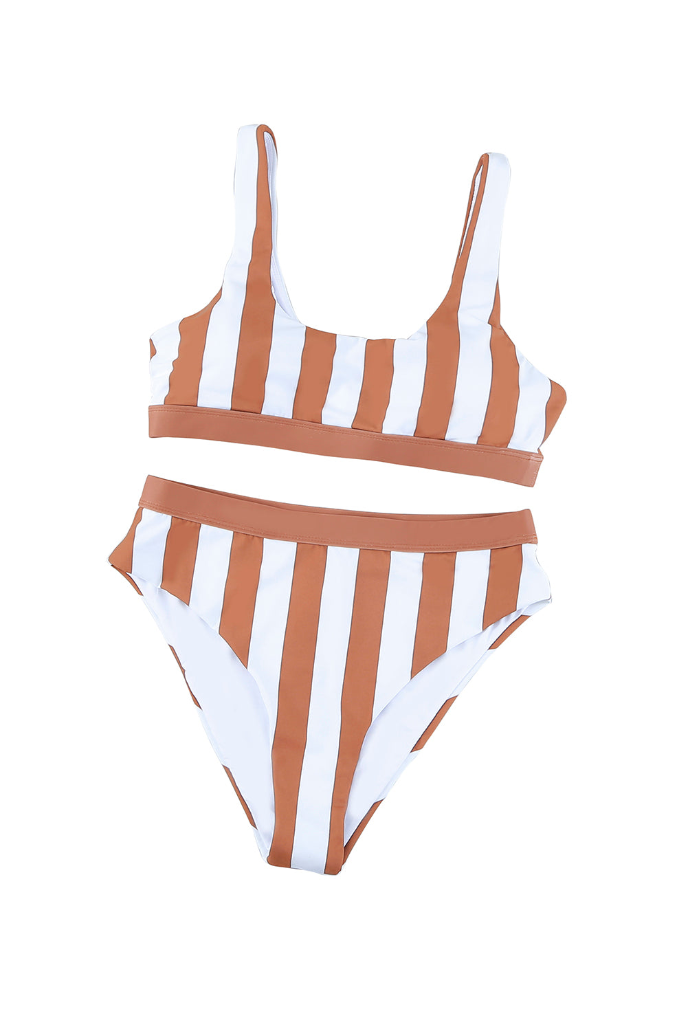 Brown Athletic Striped Tank High Waisted Swimsuit