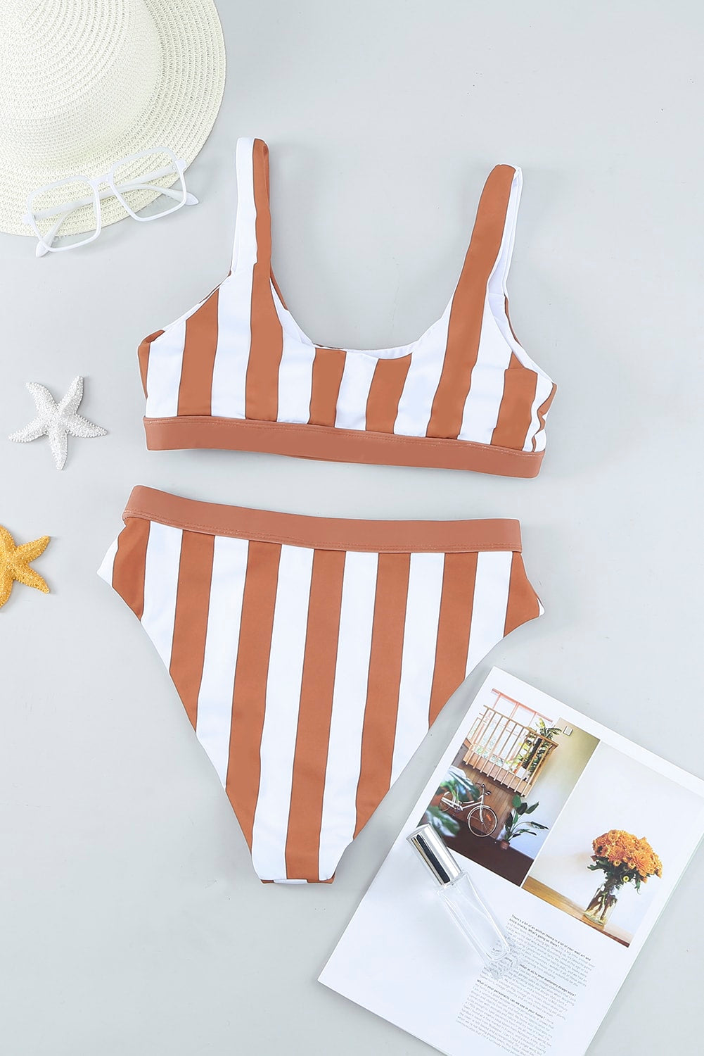 Brown Athletic Striped Tank High Waisted Swimsuit