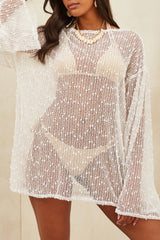 White Pompom Mesh Long Sleeve Side Split Beach Cover Up