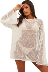 White Pompom Mesh Long Sleeve Side Split Beach Cover Up