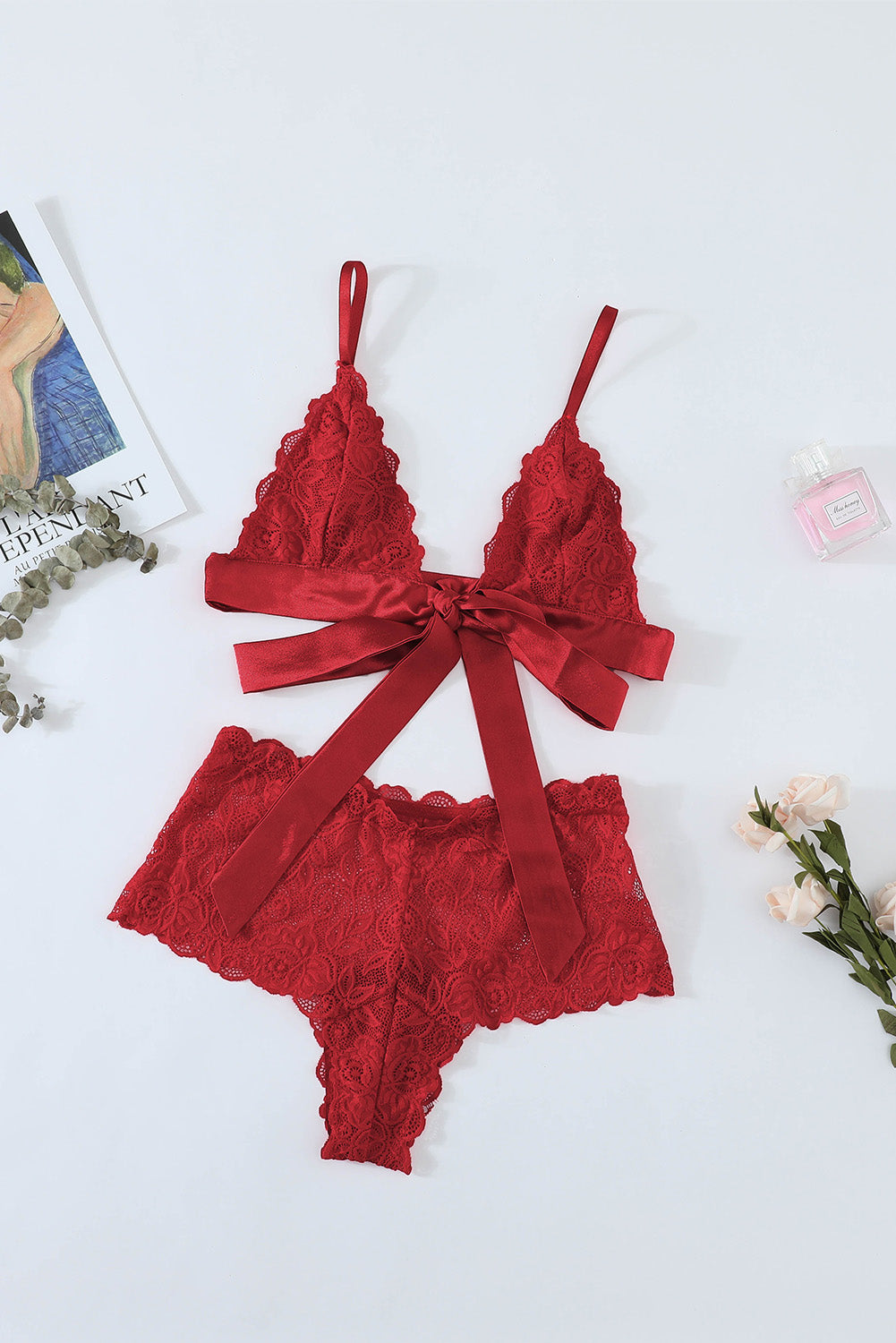 Romantic Love Fiery Red Lace Bralette Lingerie Set