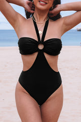 Black Halter O-ring Ruched Bust One Piece Swimsuit