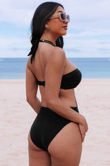 Black Halter O-ring Ruched Bust One Piece Swimsuit