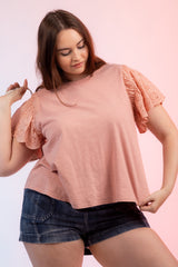 Plus Size Embroidered Eyelet Flutter Sleeve Knit Top