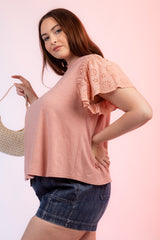 Plus Size Embroidered Eyelet Flutter Sleeve Knit Top