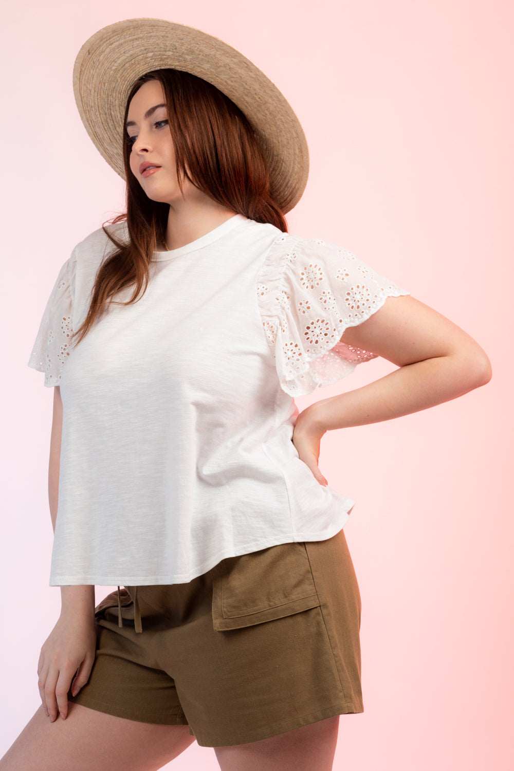 Plus Size Embroidered Eyelet Flutter Sleeve Knit Top