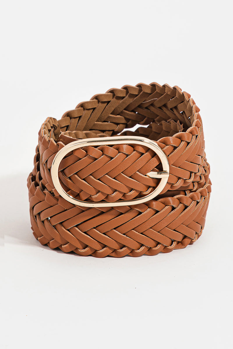 Braided Faux Leather Oval Buckle Belt