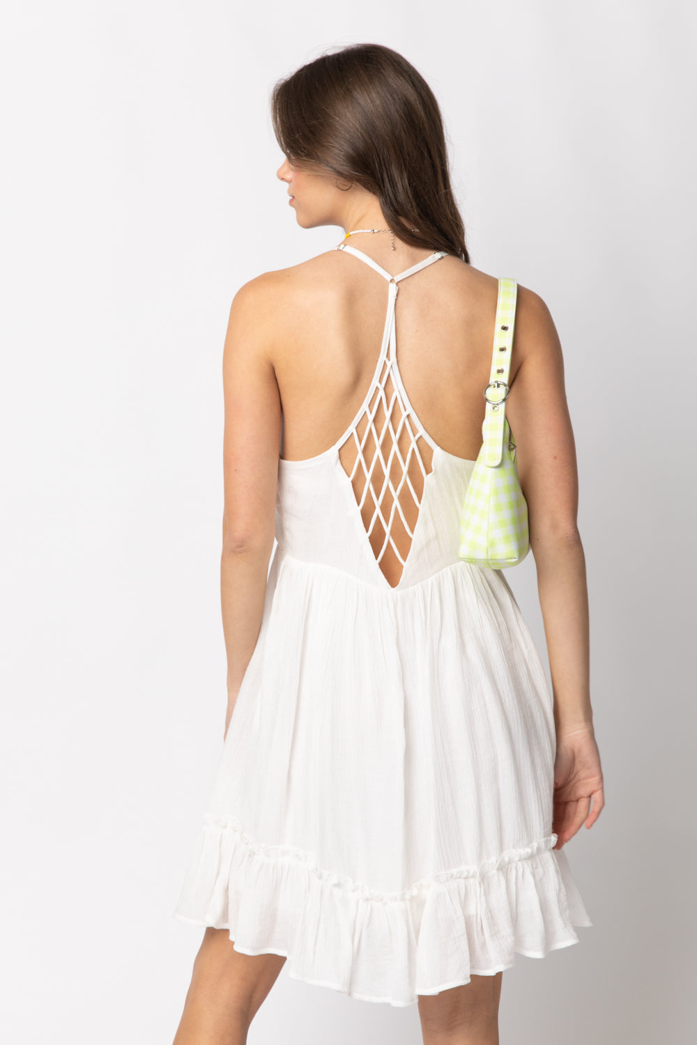 Sleeveless Woven Lattice Open Back Mini Dress