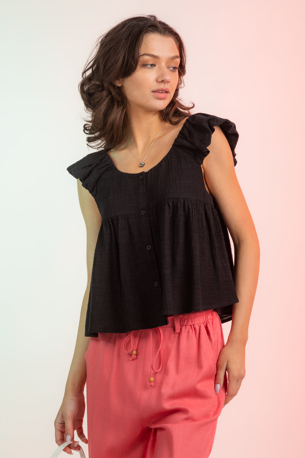 Ruffled Shoulder Linen Babydoll Top