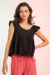 Ruffled Shoulder Linen Babydoll Top