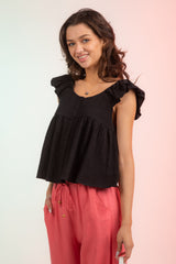 Ruffled Shoulder Linen Babydoll Top