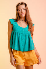 Ruffled Shoulder Linen Babydoll Top