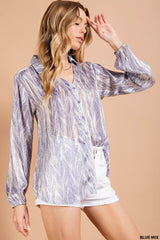 Satin Striped Silk Chiffon Fine Gold Lurex Stripes Snake Skin Printed V-Neck Long Sleeve Button-Down Shirt