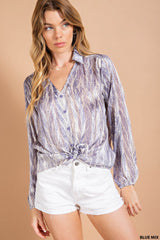 Satin Striped Silk Chiffon Fine Gold Lurex Stripes Snake Skin Printed V-Neck Long Sleeve Button-Down Shirt