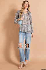 Satin Striped Silk Chiffon Fine Gold Lurex Stripes Snake Skin Printed V-Neck Long Sleeve Button-Down Shirt