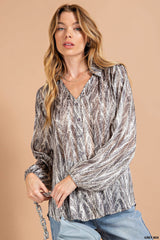 Satin Striped Silk Chiffon Fine Gold Lurex Stripes Snake Skin Printed V-Neck Long Sleeve Button-Down Shirt