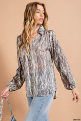 Satin Striped Silk Chiffon Fine Gold Lurex Stripes Snake Skin Printed V-Neck Long Sleeve Button-Down Shirt