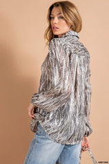 Satin Striped Silk Chiffon Fine Gold Lurex Stripes Snake Skin Printed V-Neck Long Sleeve Button-Down Shirt