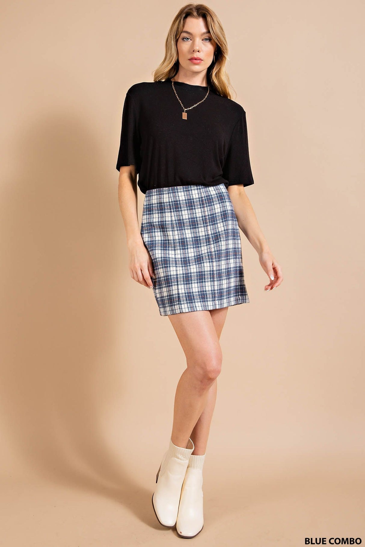 Plaid Back Zipper Mini Skirt - Brushed Fabric Lurex Thread