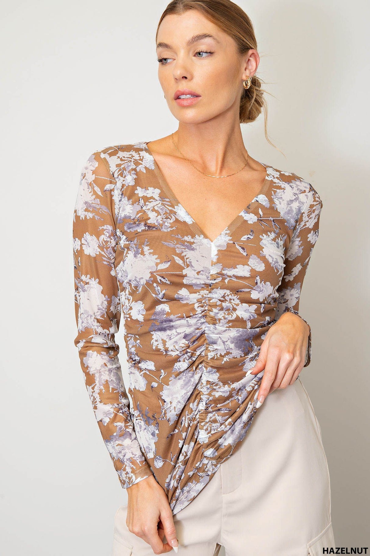 Soft Mesh Printed V-Neck Front Lined Gathering Front & Side Body