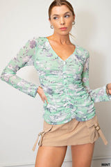 Soft Mesh Printed V-Neck Front Lined Gathering Front & Side Body