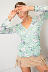 Soft Mesh Printed V-Neck Front Lined Gathering Front & Side Body