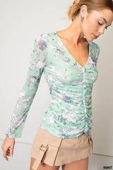 Soft Mesh Printed V-Neck Front Lined Gathering Front & Side Body