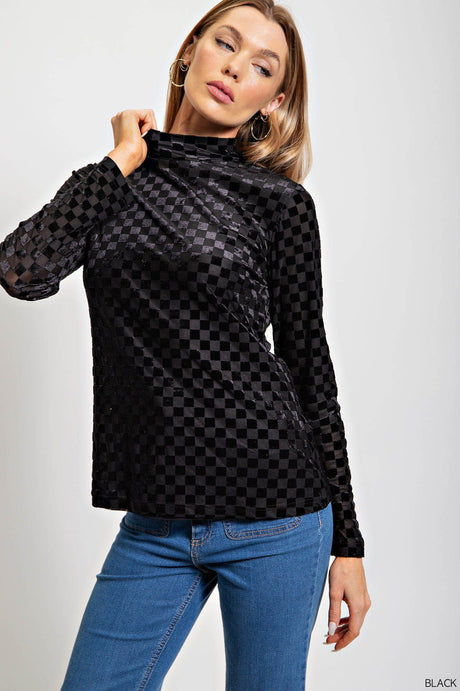 Velvet Mesh Burnout Checker Mock Neck Long Sleeves Top