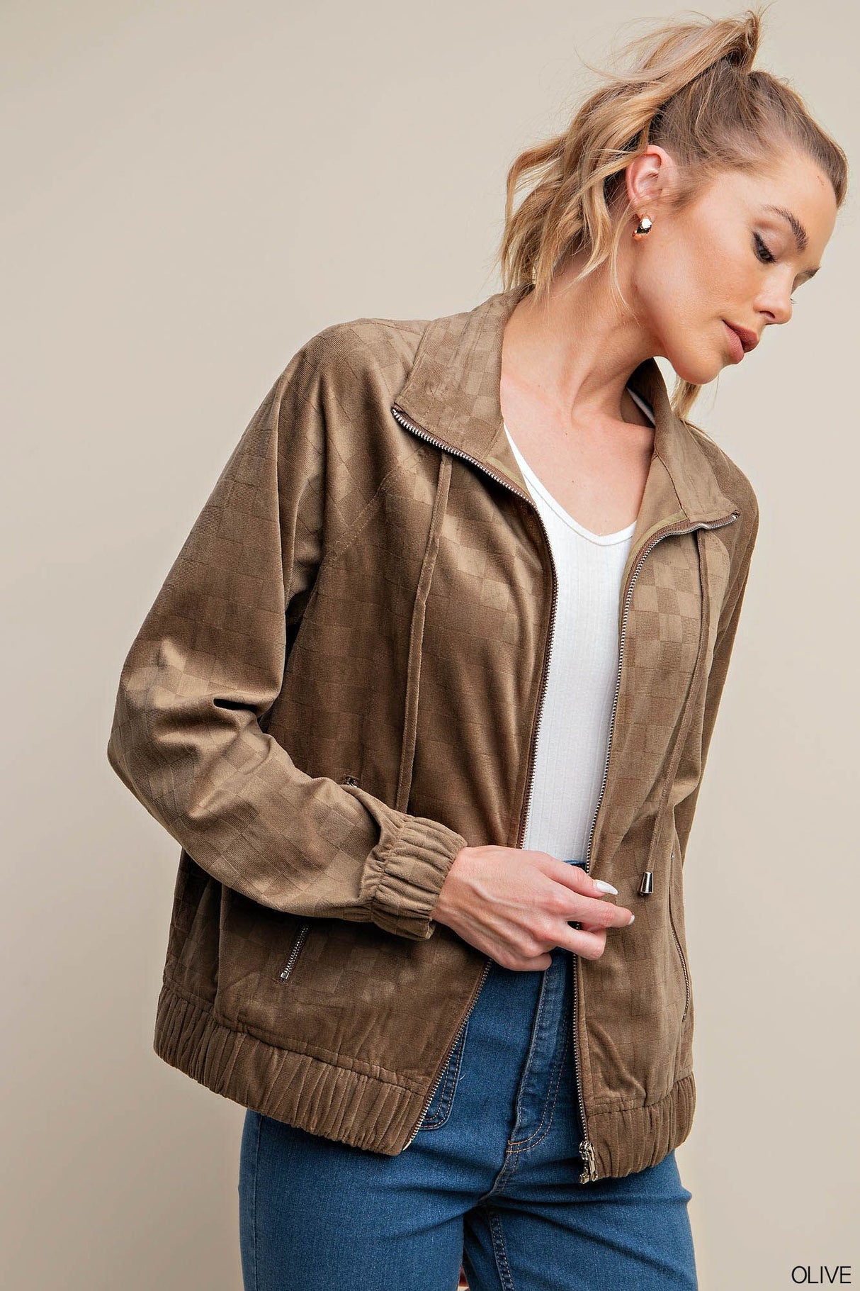 Check Burn Out Velvet Fabric Bomber Jacket